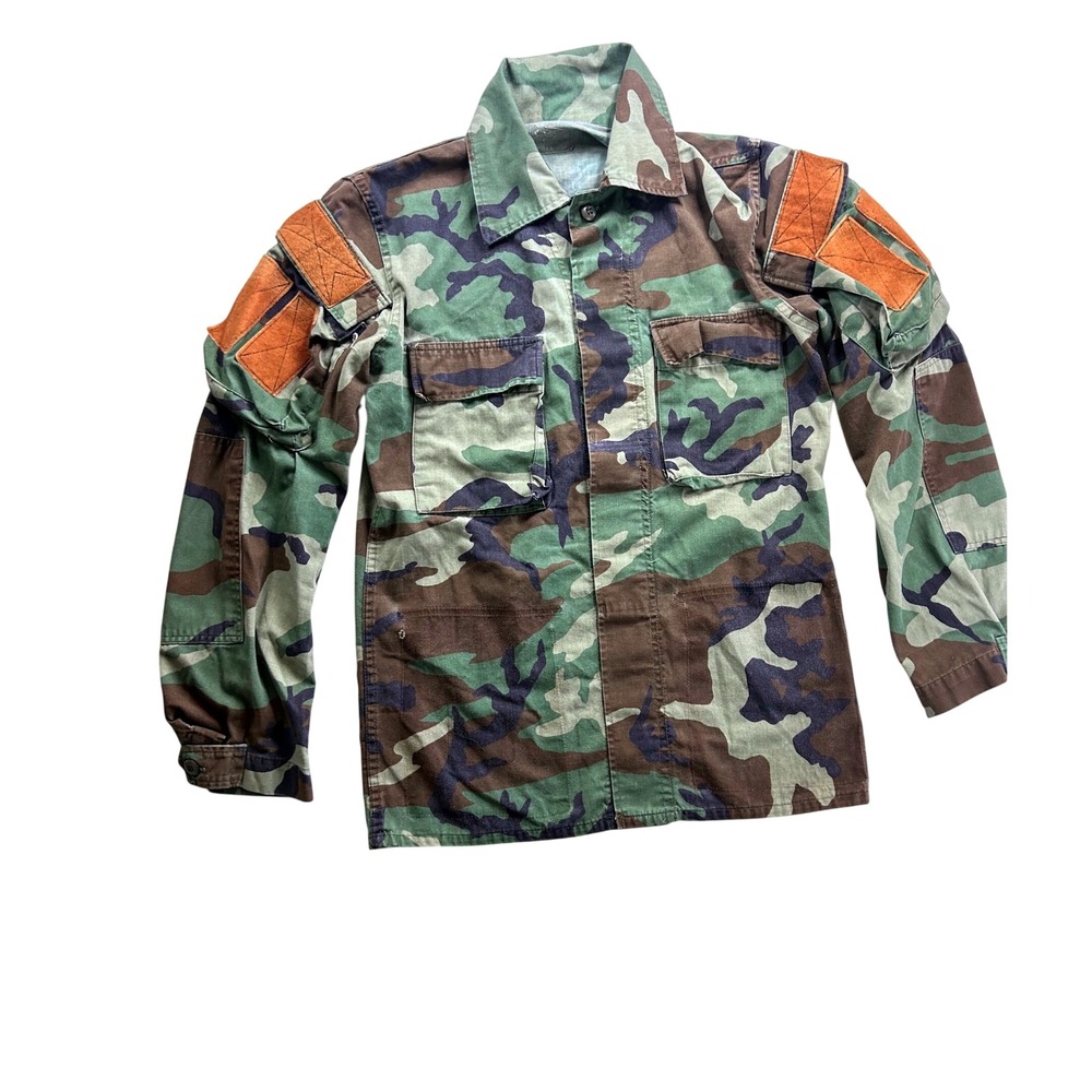 Vintage Woodland Camo BDU Jacket Orange Patch Utility Field Coat Mens Medium